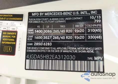 2014 Mercedes-Benz Ml 350 4Matic z USA, uszkodzony, nr VIN 4JGDA5HB2EA312030